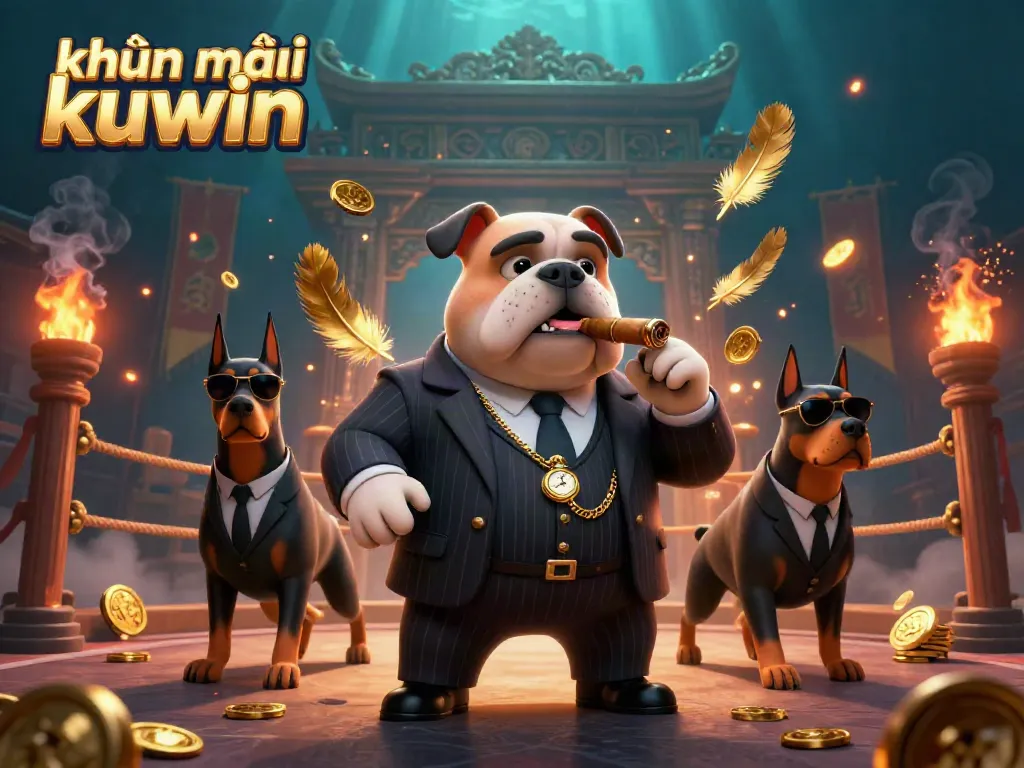 Engaging khuyến mãi kuwin illustration featuring a cartoon mafia bulldog and Doberman bodyguards surrounded by casino elements and gold.