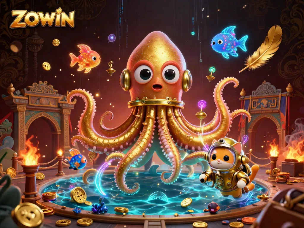 ZOWIN offers thrilling adventures as the kraken treasures await in a vibrant, animated casino scene.