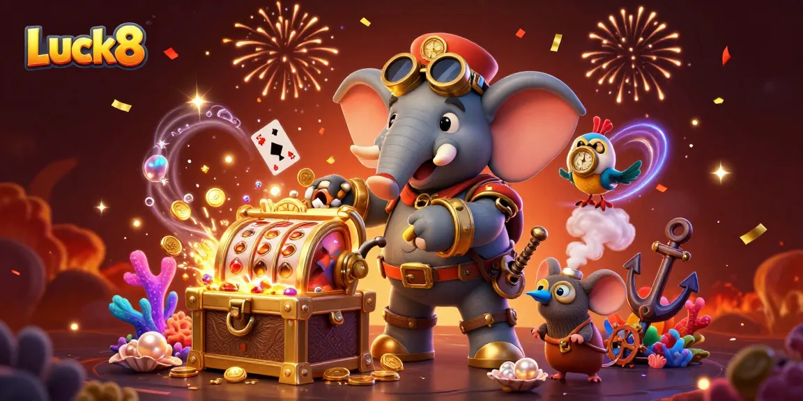 Spin the Luck8 golden slot machine with a whimsical steampunk elephant engineer amidst treasure and festive confetti.