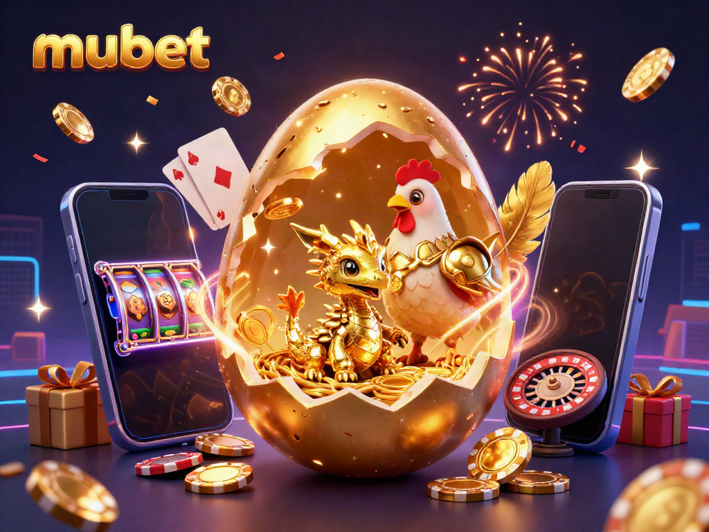 Experience excitement with mubet through a vibrant scene of golden gaming and prize-filled elements.