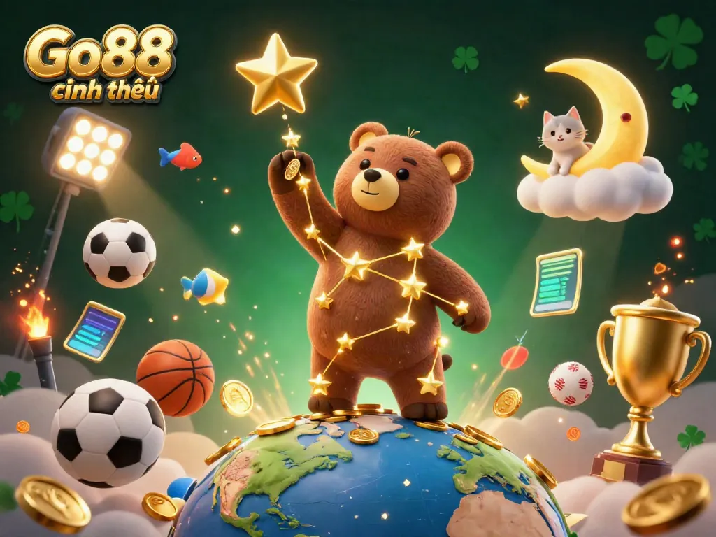 Engage with Go88 chính thức through this vibrant illustration of a constellation bear and sports elements, celebrating the thrilling world of betting.