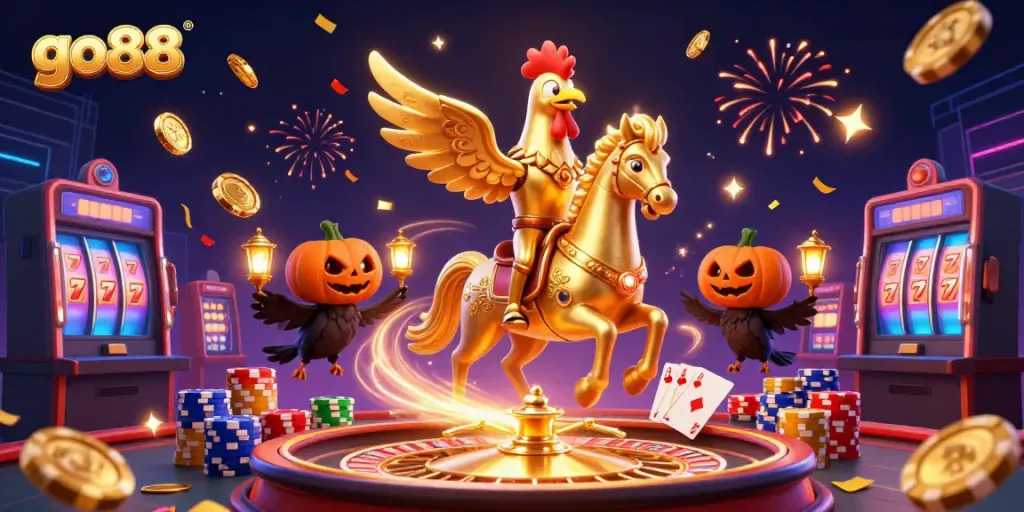 Experience the thrill of go88 in a vibrant 3D casino scene with magical energy swirls and golden treasures.