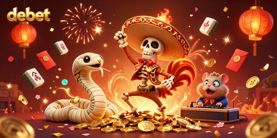 Engage in thrilling debet gaming with 3D cartoon characters celebrating on a treasure of coins.