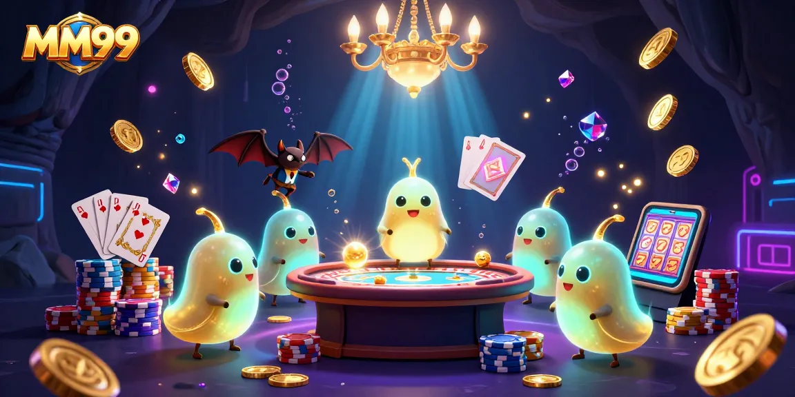Experience MM99 excitement with glowing characters and dynamic casino games in a vibrant scene.