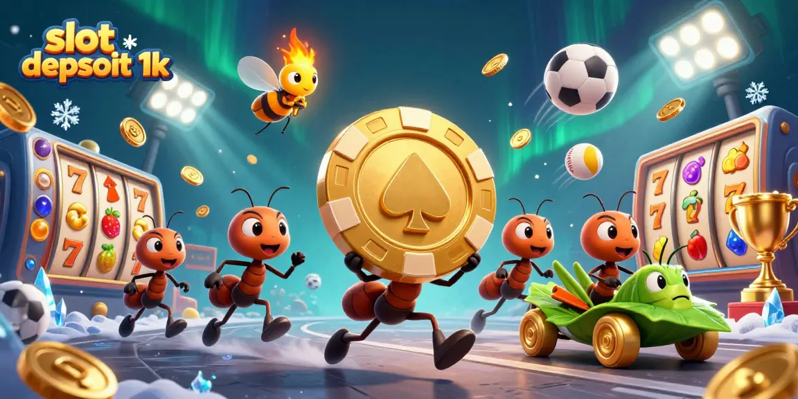 Team of ants carrying a giant golden chip in a casino heist scene, highlighting slot depsoit 1k excitement.