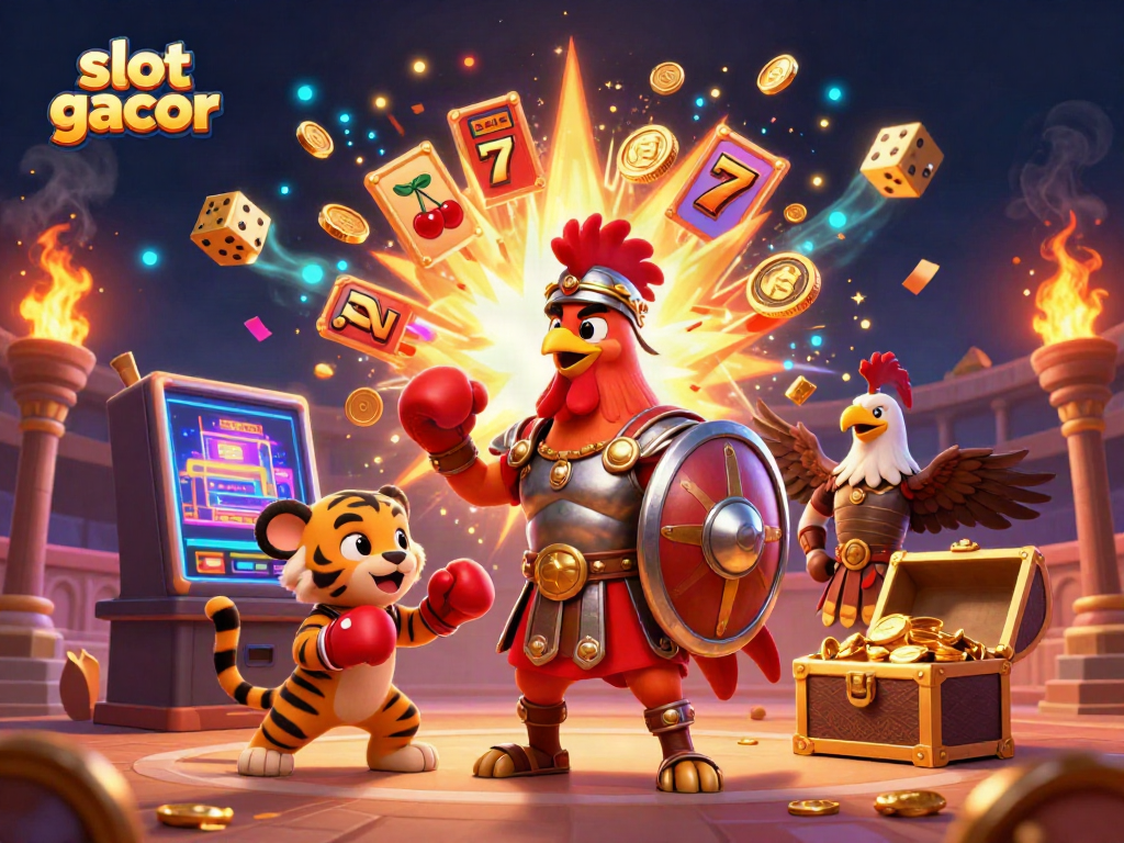 Experience the excitement of slot gacor with a vibrant 3D casino scene, featuring dynamic characters and action-packed elements.