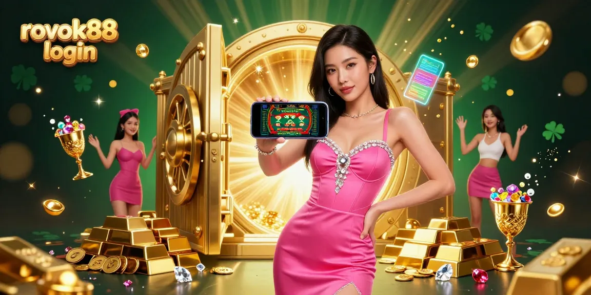 Experience the excitement of rokok88 login with a vibrant casino scene featuring a stylish Asian woman showcasing live dealer action.