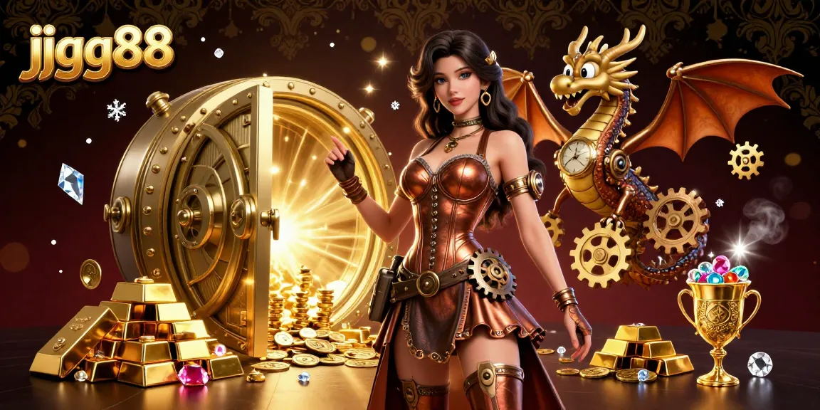 Experience gaming action with jjgg88 in an elaborate casino setting, featuring gems, treasures, and vibrant characters.