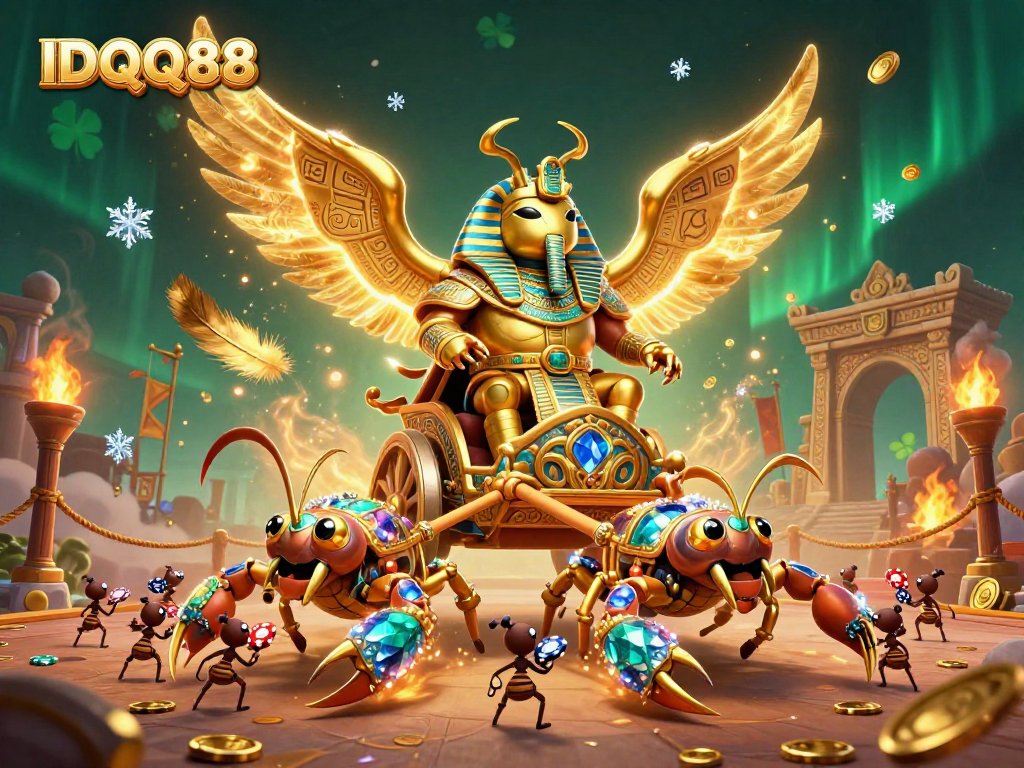 Engage with IDQQ88 in an epic 3D casino battle featuring colorful scarabs, scorpions, and poker chips.
