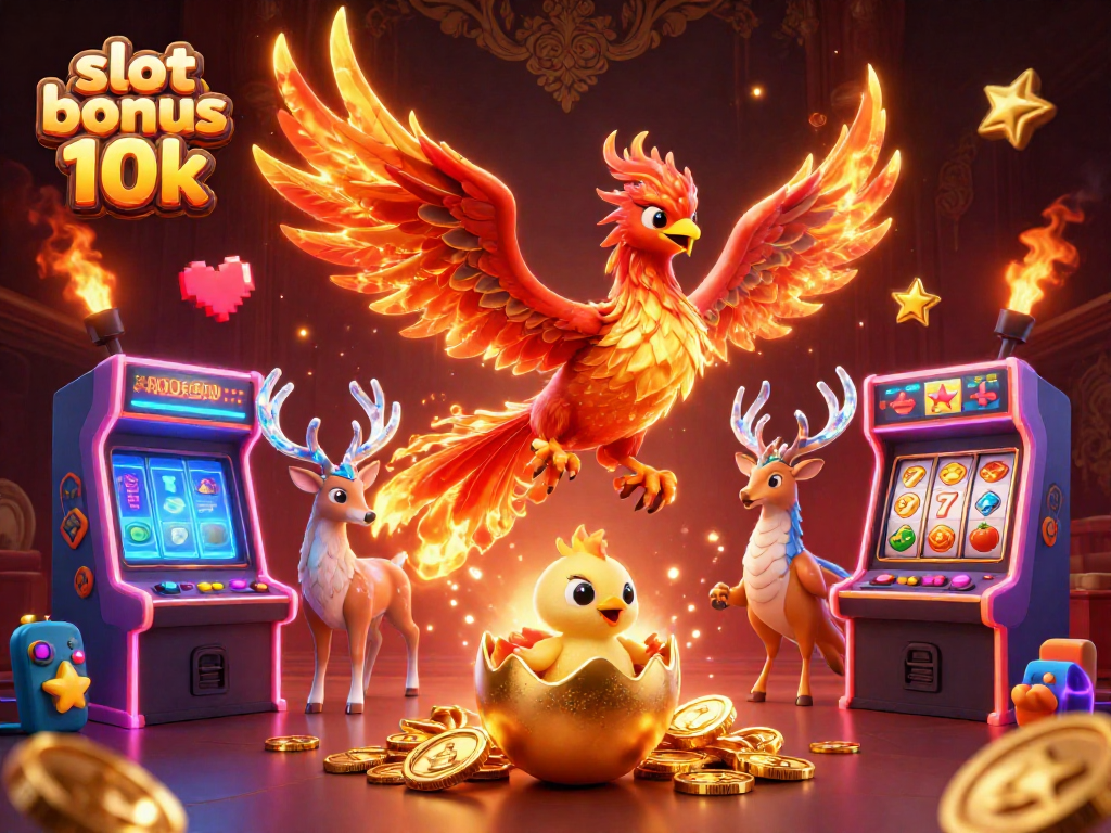 Experience excitement with slot bonus 10k illustrated in a vibrant casino scene featuring slot reels and phoenix characters.
