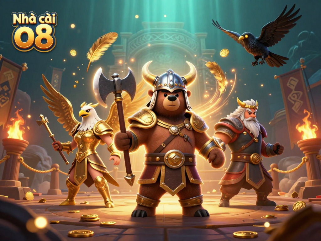 Engage with Nhà cái o8 in this thrilling 3D scene featuring a Viking bear and Valkyrie eagle amidst gambling excitement.