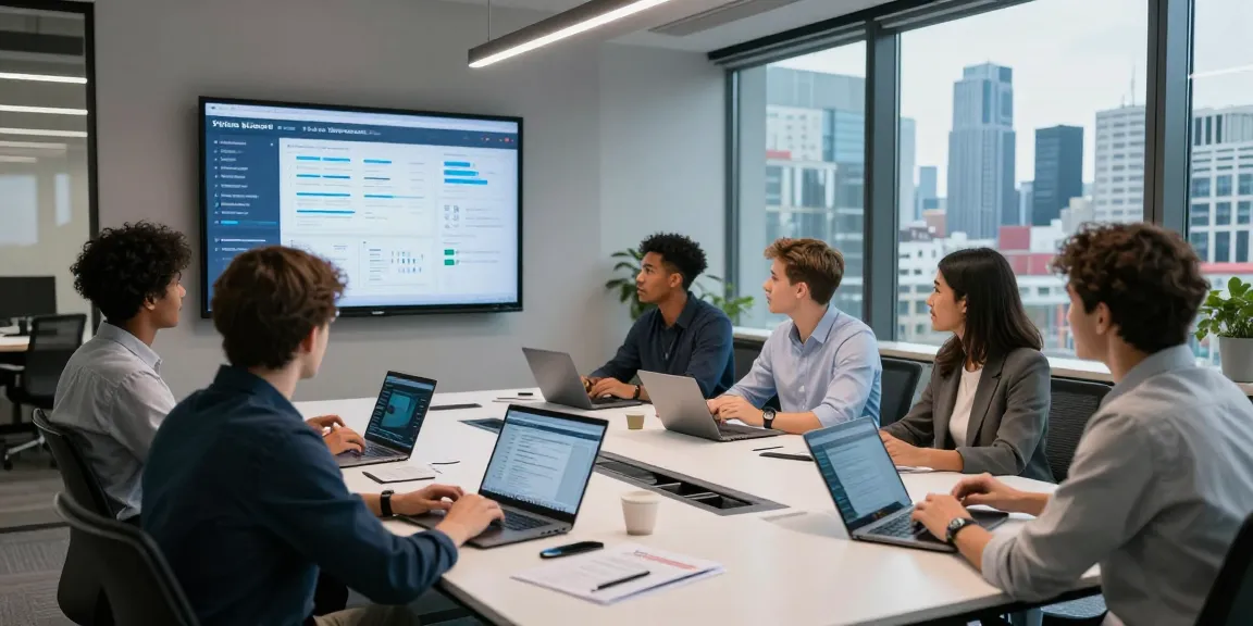 Team collaborating on outsourced IT services London in modern office, with analytics displayed and vibrant city backdrop.