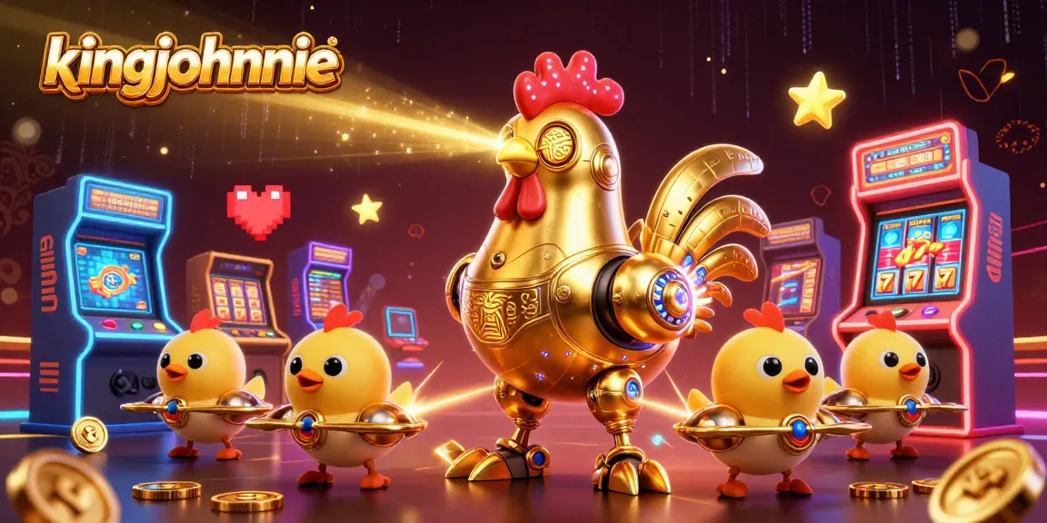 Engage with kingjohnnie as the dynamic golden rooster robot leads lively arcade game-themed fun.