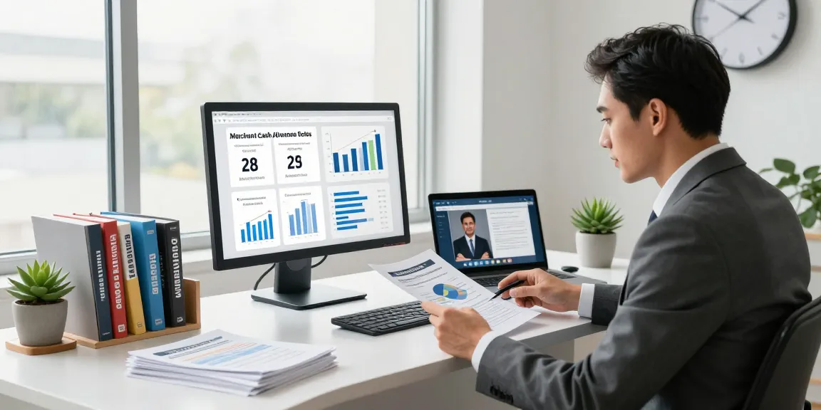 Consultant analyzing merchant cash advance rates in a modern financial office.