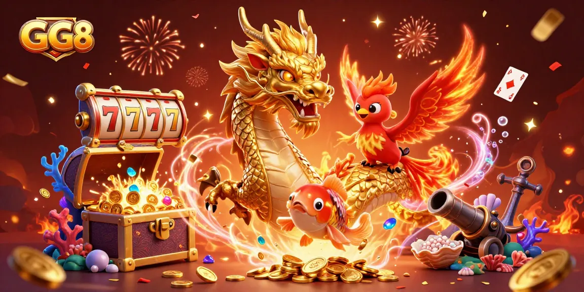 Experience the thrilling energy of GG 88 with a dragon, phoenix, koi fish, and vibrant casino elements.