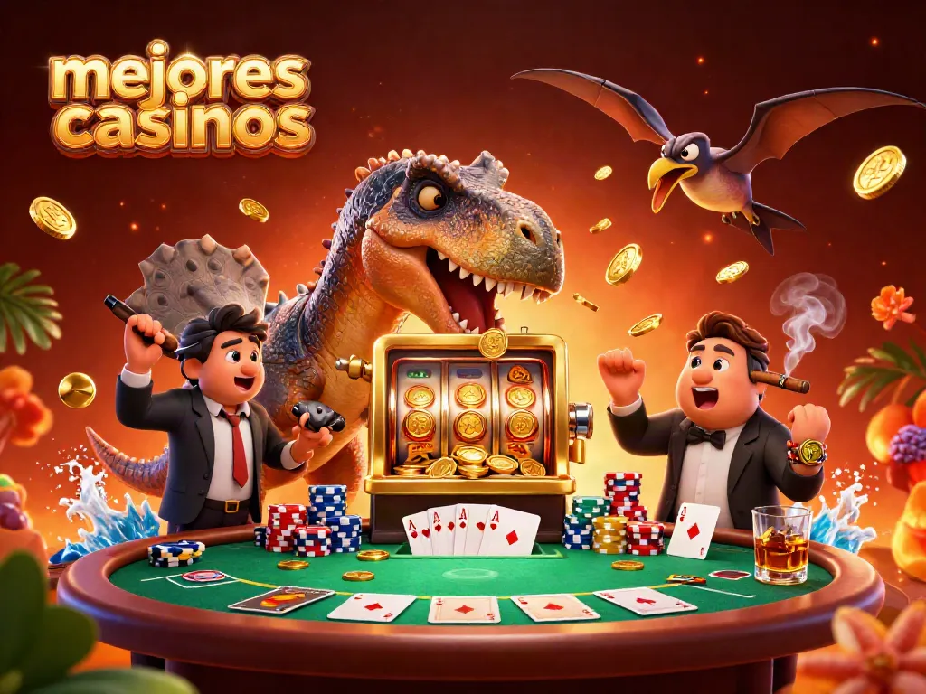 Los mejores casinos muestran un dinosaurio jugando en una máquina tragamonedas dorada con monedas volando.