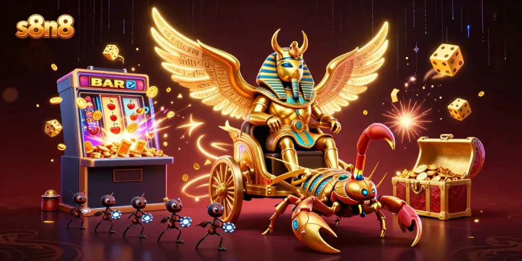 Engaging scene showcasing s8n8 with a golden scarab beetle in casino-themed chariot, surrounded by games and excitement.