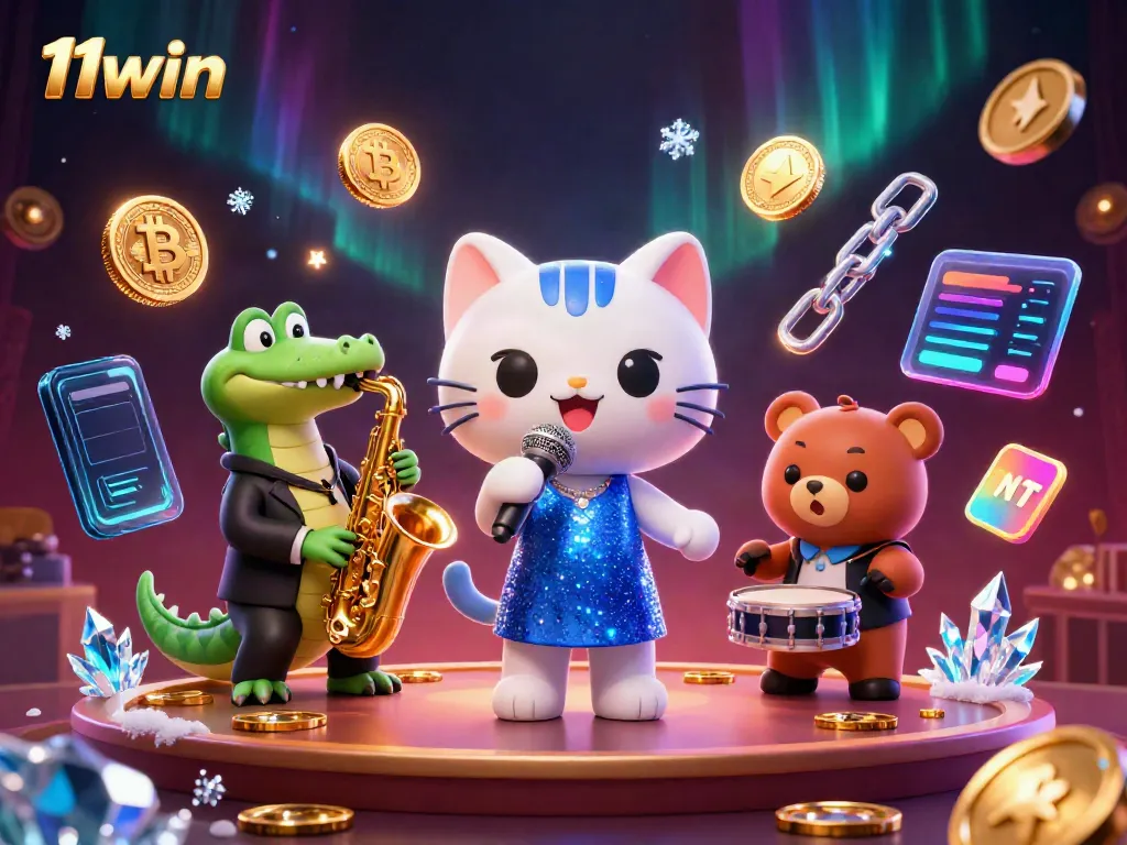 Experience the thrilling world of 11win with a vibrant casino scene featuring unique characters and crypto elements.