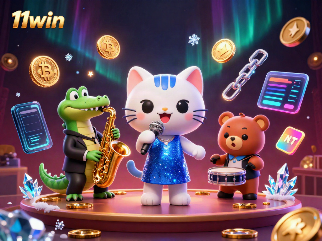 Experience the thrilling world of 11win with a vibrant casino scene featuring unique characters and crypto elements.