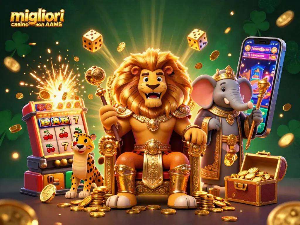 Gioca nei migliori casino non AAMS con l'immagine di una scena dinamica di una slot machine e personaggi affascinanti.