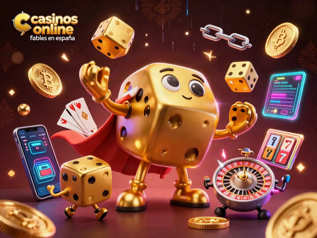 Juega en casinos online fiables en España con estas divertidas escenas de dados, cartas y criptomonedas.