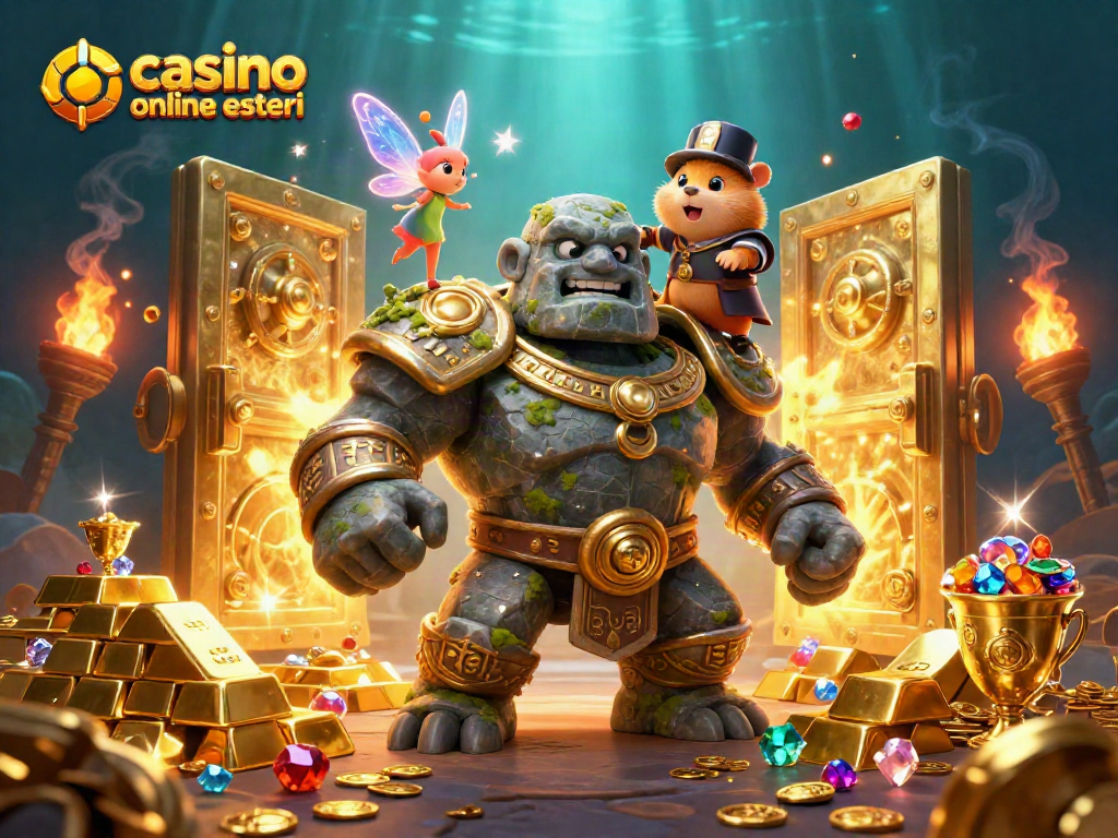 I giocatori esplorano opzioni nei migliori casino online esteri con un golem, una fata e un cavaliere.