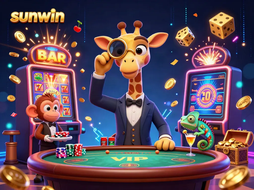 Experience the thrilling excitement of sunwin with a colorful casino scene featuring a giraffe at a poker table.