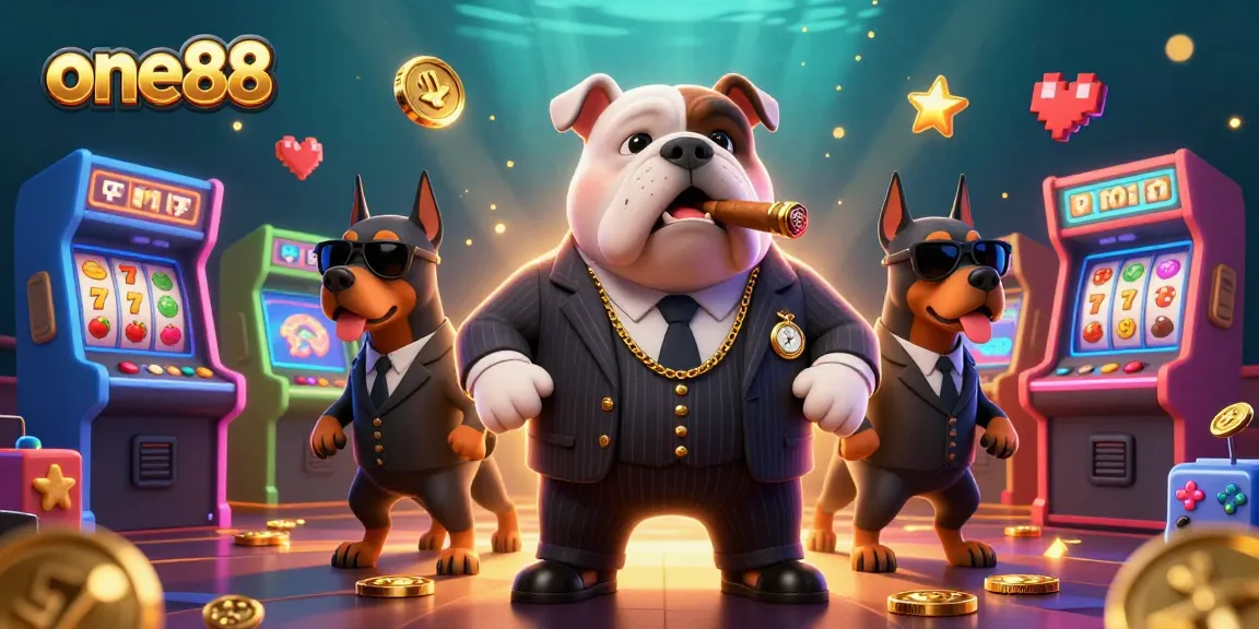 Engage in epic gameplay at one88 with a lively scene of mafia-themed characters amid vibrant casino elements.