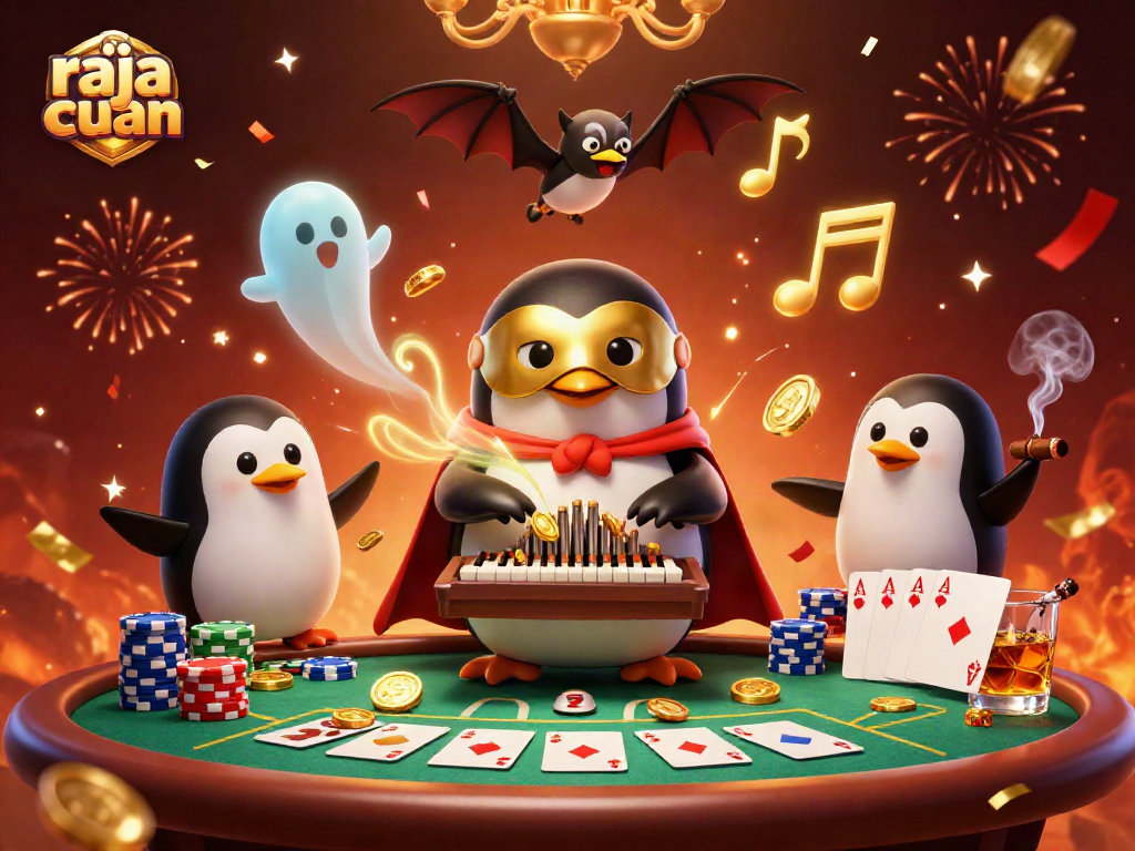 Raja cuan celebrates a thrilling casino night with golden coins and poker excitement.