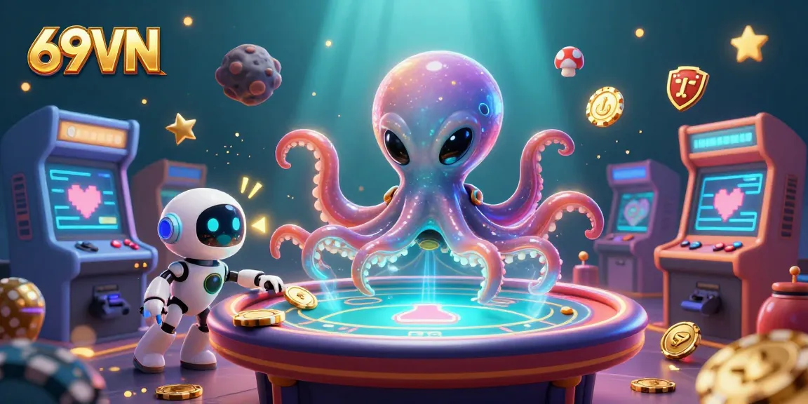Engage in exciting poker games at 69VN with a vibrant 3D scene of an octopus dealer.