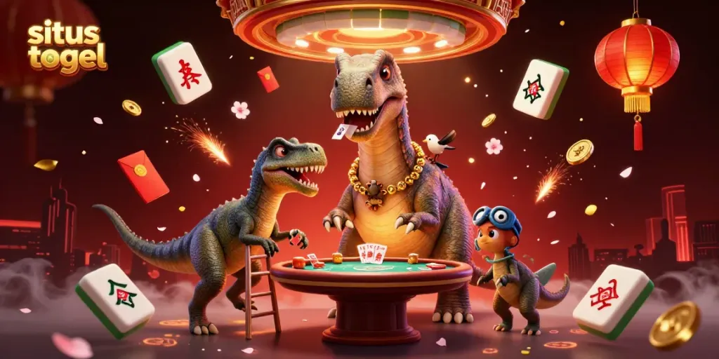 Engage in thrilling gameplay as the giant brontosaurus observes the poker table on the situs togel casino.