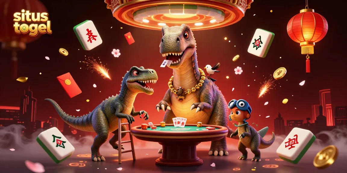Engage in thrilling gameplay as the giant brontosaurus observes the poker table on the situs togel casino.