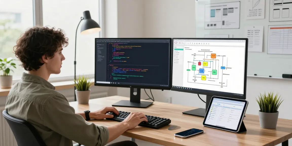 Build internal tools with AI in a modern workspace featuring a software developer, dual monitors displaying code, and a sleek, organized setup.