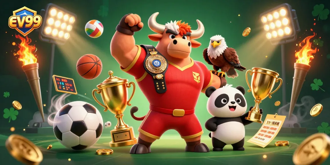 Experience thrilling betting at ev99 with muscular 3D characters, golden trophies, and dynamic sports action.