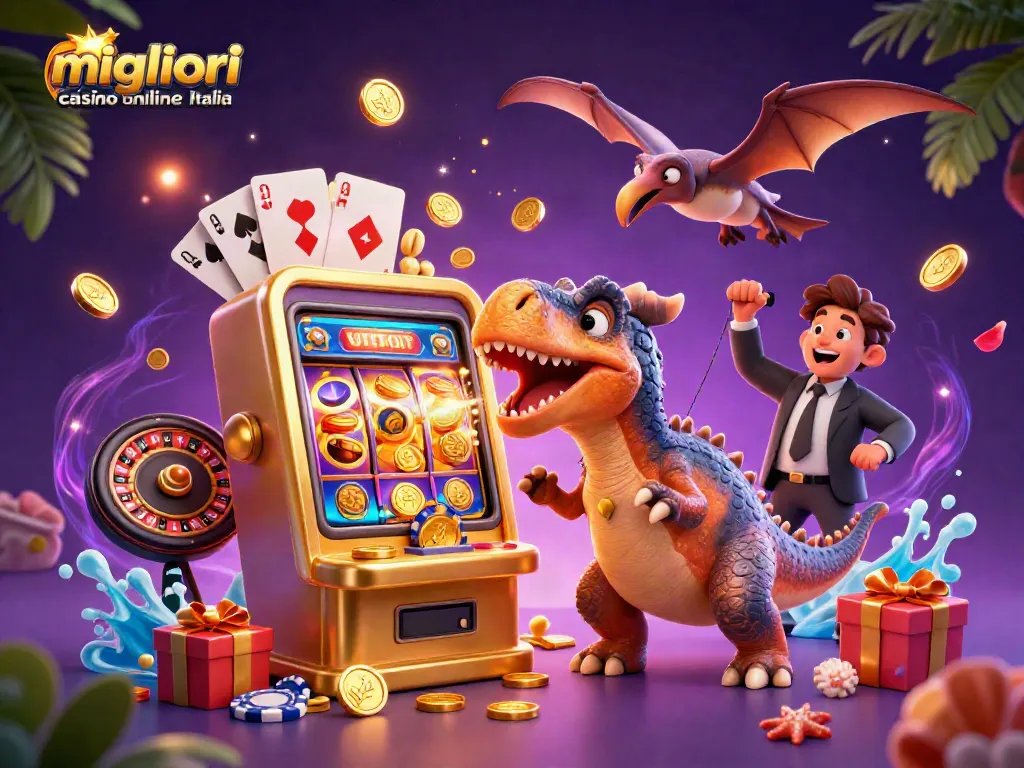 I migliori casino online Italia presentano un pachycephalosaurus che colpisce una slot machine d'oro mentre un ankylosaurus gestisce la situazione.