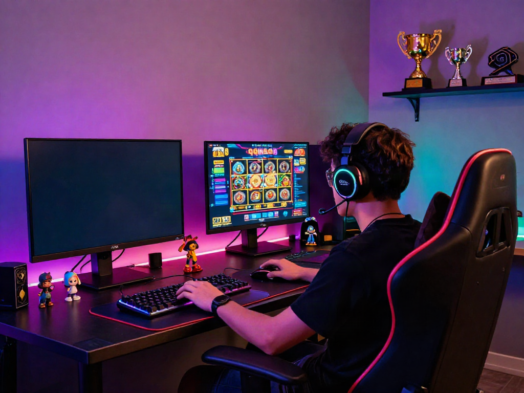 Player enjoying qqmacan slot in a vibrant gaming room filled with colorful lights