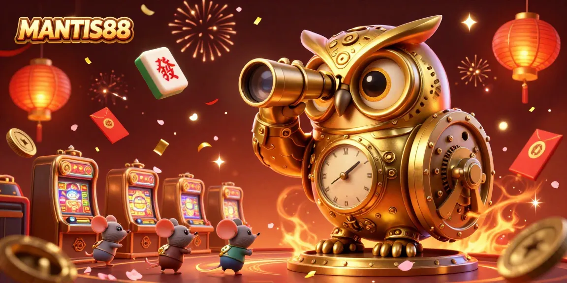 Experience the thrilling world of MANTIS88 with a vibrant casino scene featuring an owl and whimsical mouse patrons.