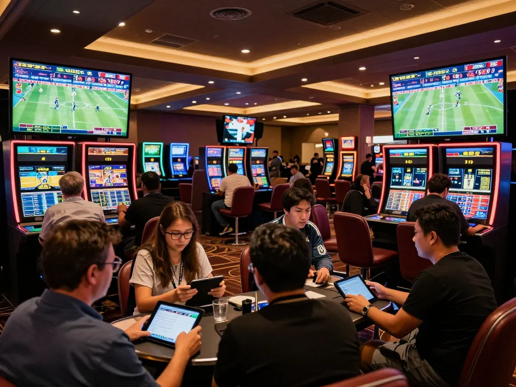 Patrons analyzing stats and placing bets at nhandinhkeonhacai sports lounge during live games.
