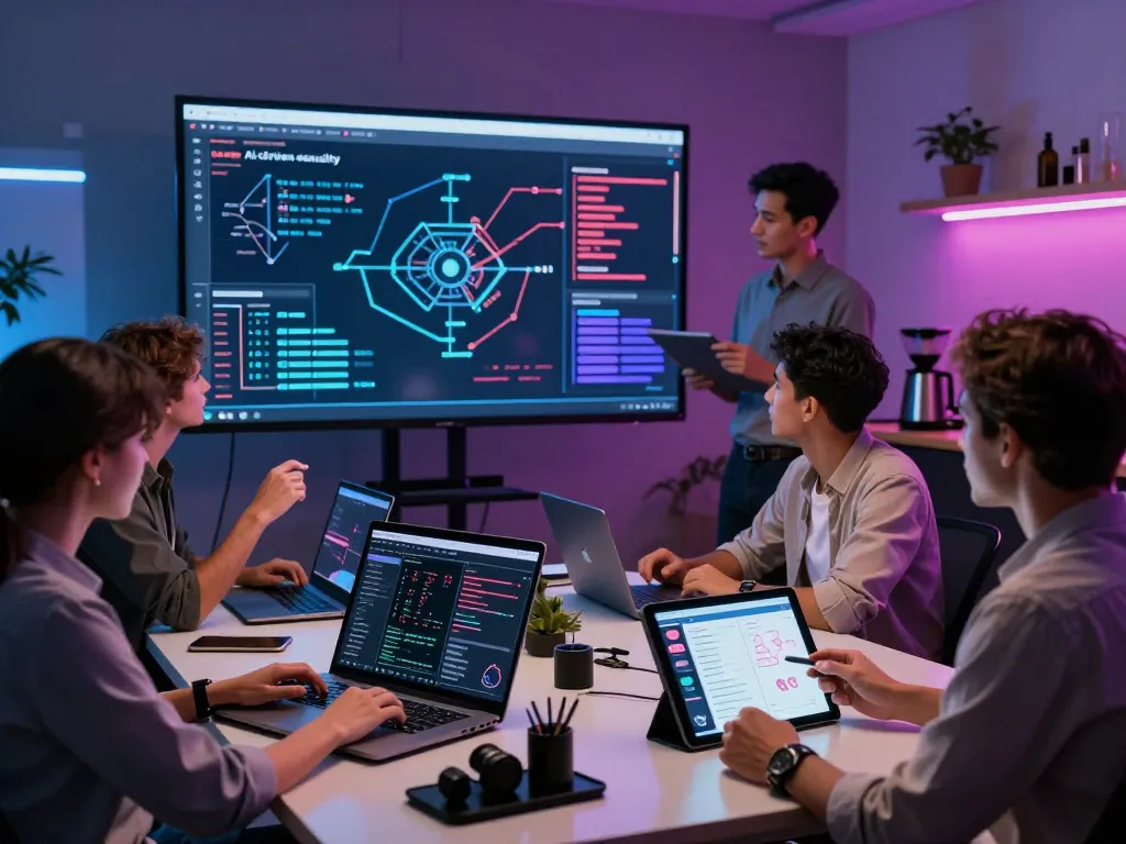 Team collaborating on AI sex technologies in a modern workspace with digital tools.