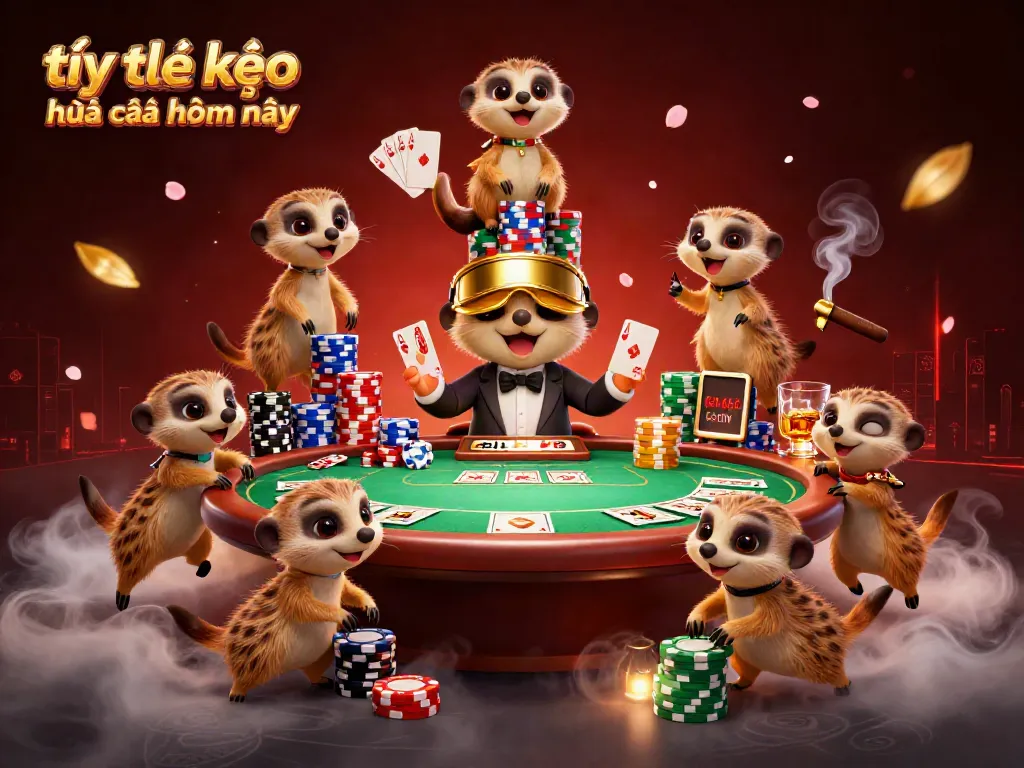 Engaging scene of tỷ lệ kèo nhà cái hôm nay with meerkats managing a vibrant casino.