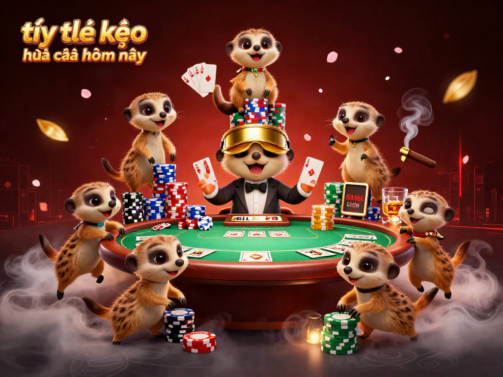 Engaging scene of tỷ lệ kèo nhà cái hôm nay with meerkats managing a vibrant casino.