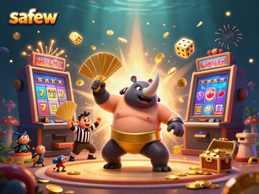 Experience exciting gameplay with safew's vibrant 3D casino scene featuring a beetle champion and slot machine.