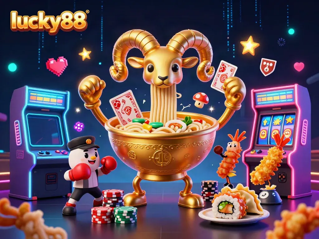 Join the excitement at lucky88 with a vibrant 3D illustration showcasing animated casino elements and characters.