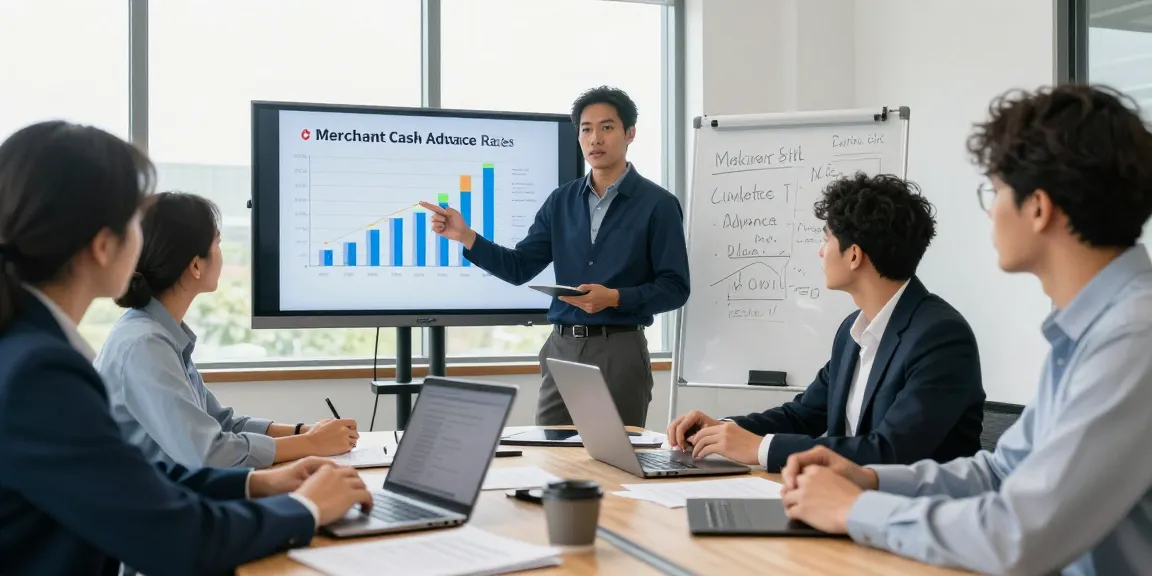 Team collaborating on merchant cash advance rates analysis in a bright office.