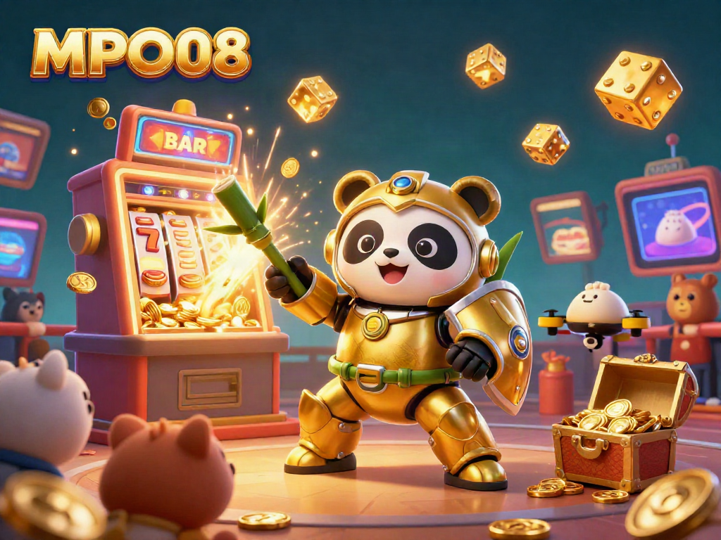 MPO08 brings excitement with a golden panda mech in a vibrant betting arena, showcasing thrilling casino action.