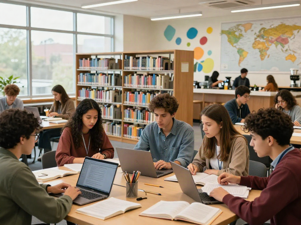 Studenten studeren samen in moderne bibliotheek, diploma kopen HBO. Zonnig leerklimaat met laptops en boeken.