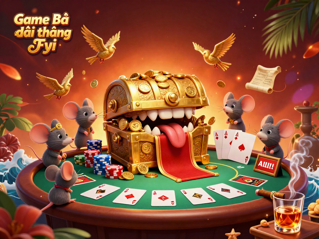 Engage with Game Bài Đổi Thưởng Fyi in this exciting 3D casino illustration featuring poker elements and treasure.
