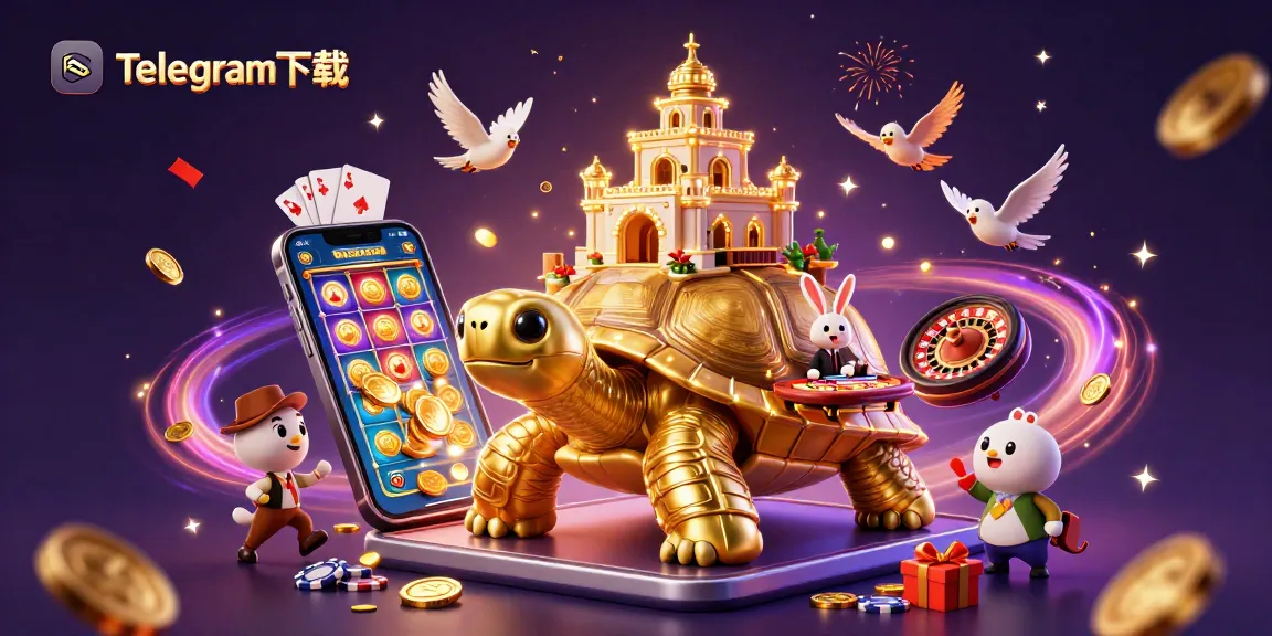 使用Telegram下载玩游戏并赢得胜利,图像展示了一家色彩鲜艳的卡通乌龟赌场。