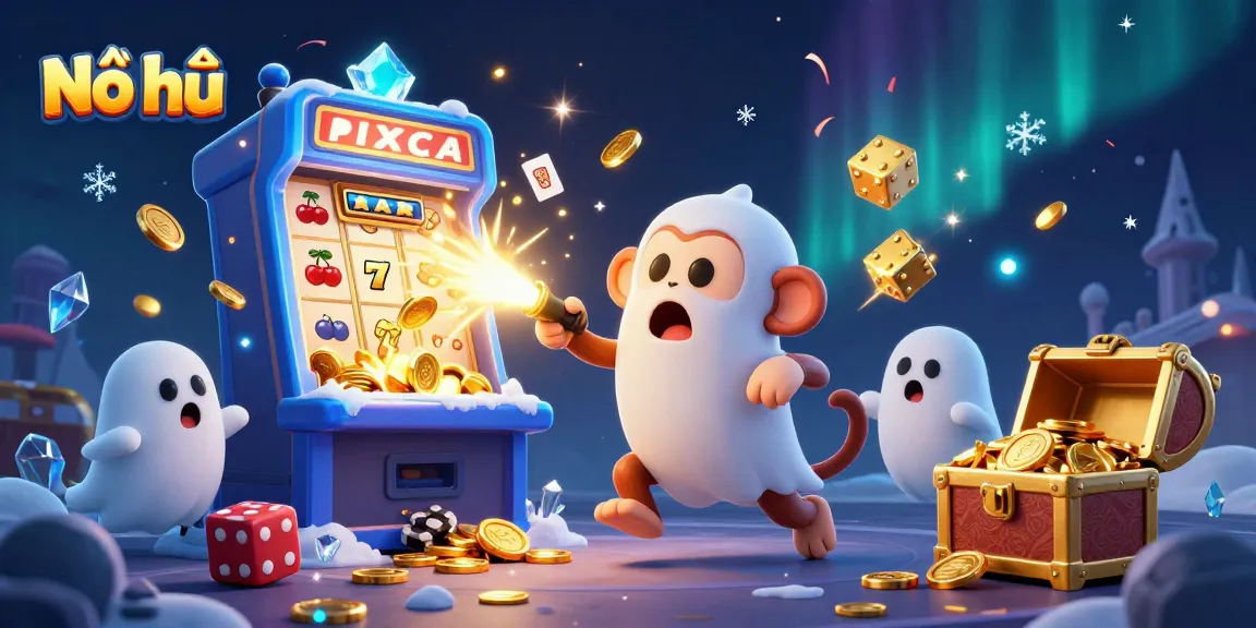 Nổ hũ showcases a poltergeist monkey juggling in a dynamic haunted casino scene with a curious puppy.