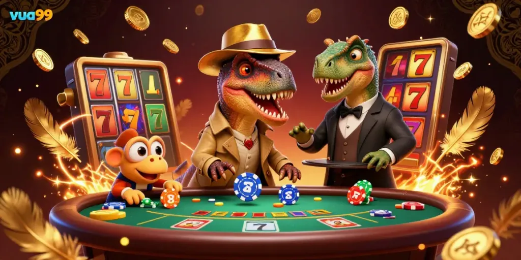 Engage in thrilling gameplay at vua99 featuring a velociraptor in disguise at a blackjack table.